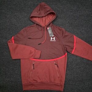 Under Armour Mens Small Red Coldgear Fleece Hoodie Pullover Graphic On Back Logo